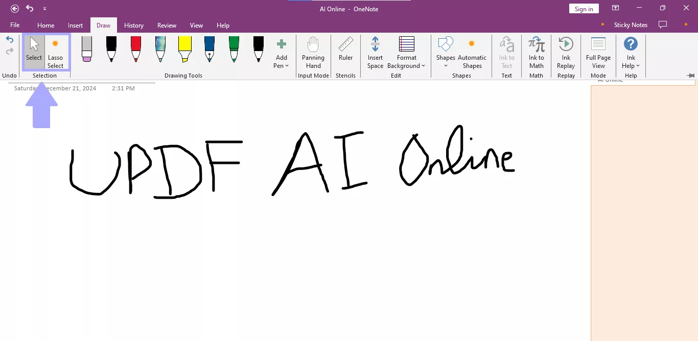 selecting the handwritten content in onenote