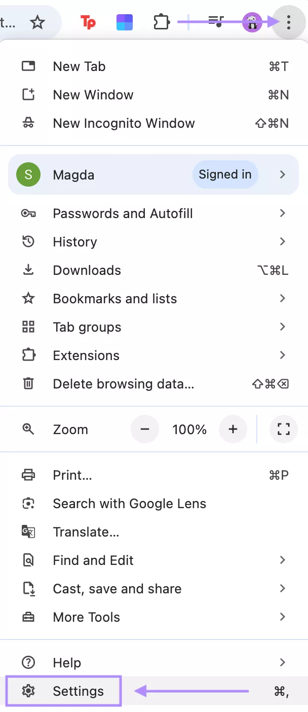 settings for chrome