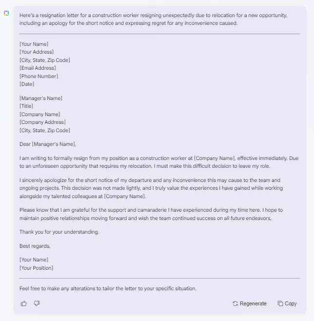 short-notice resignation letter created by updf online ai
