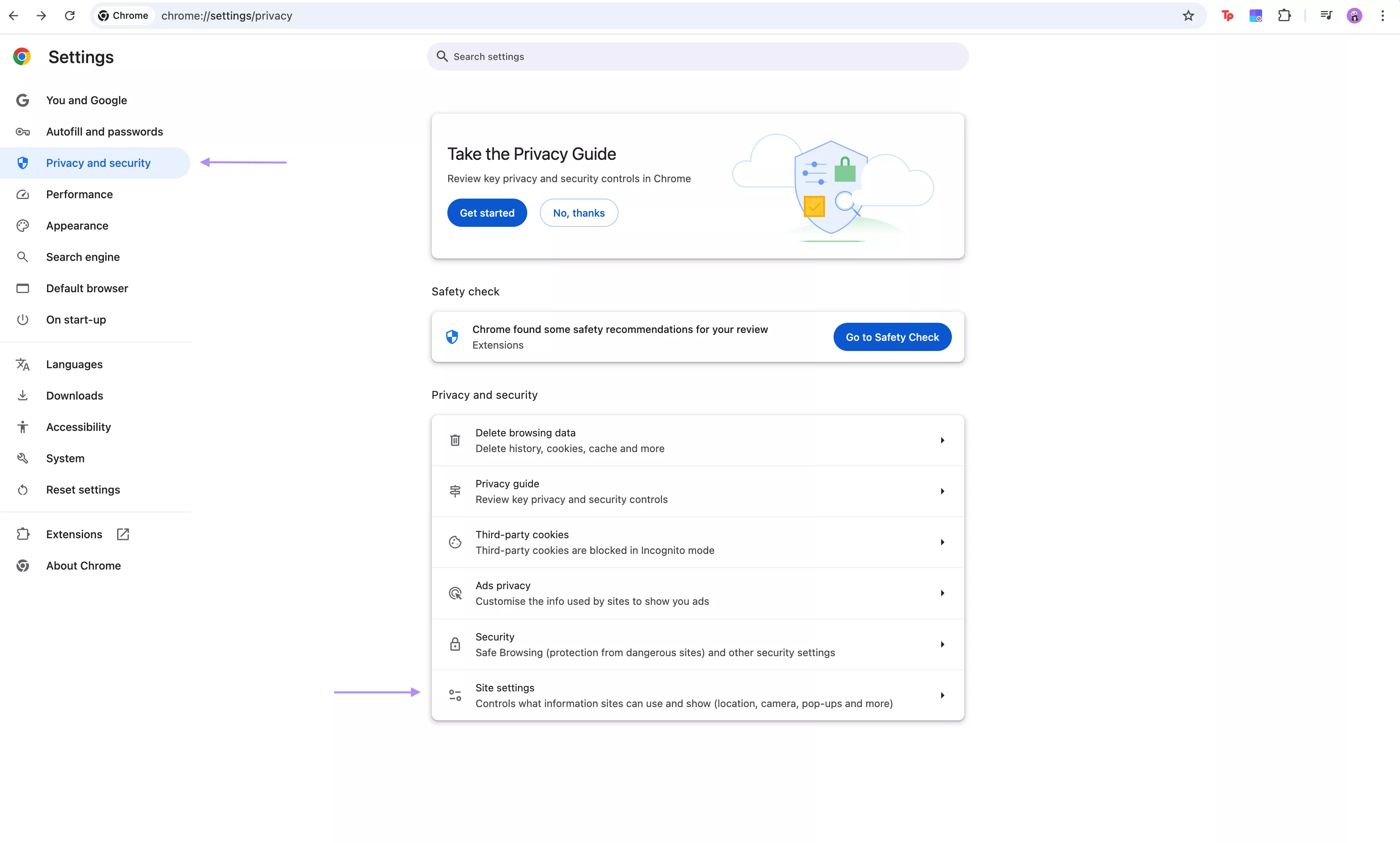 site setting for chrome