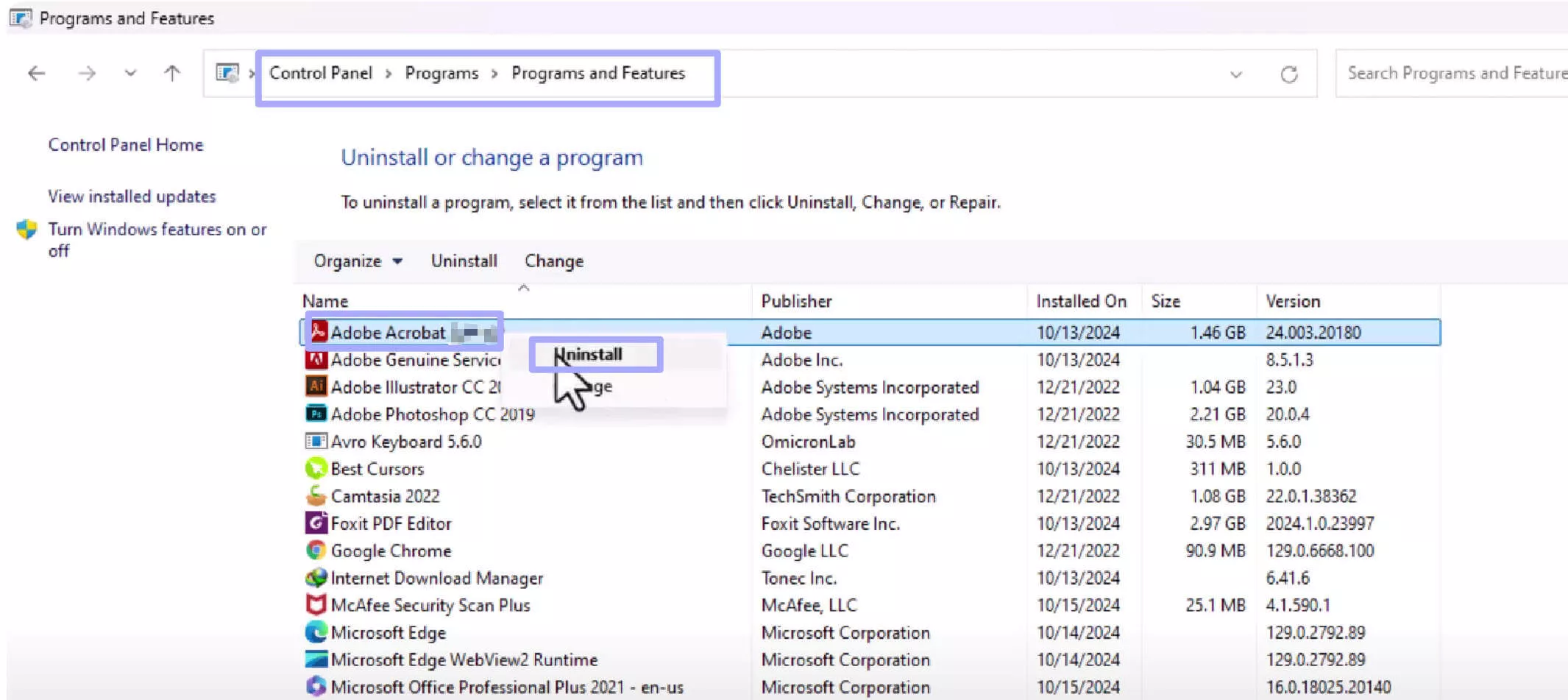 uninstall acrobat windows