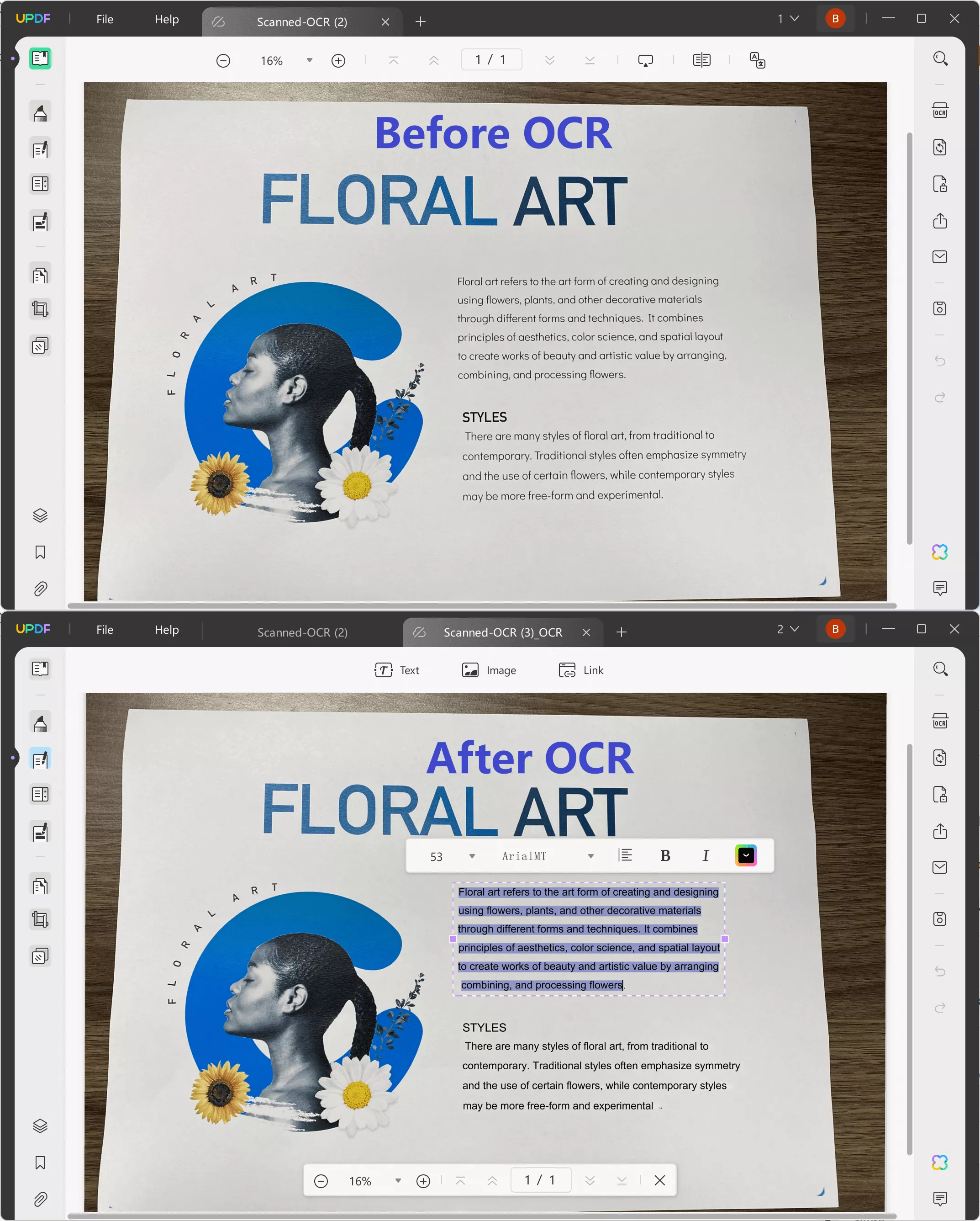 before and after performing OCR using UPDF