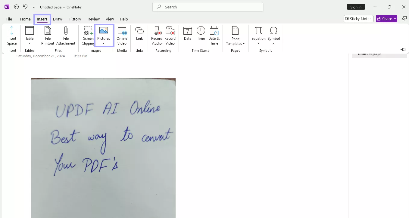 uploading the image from the insert option onenote