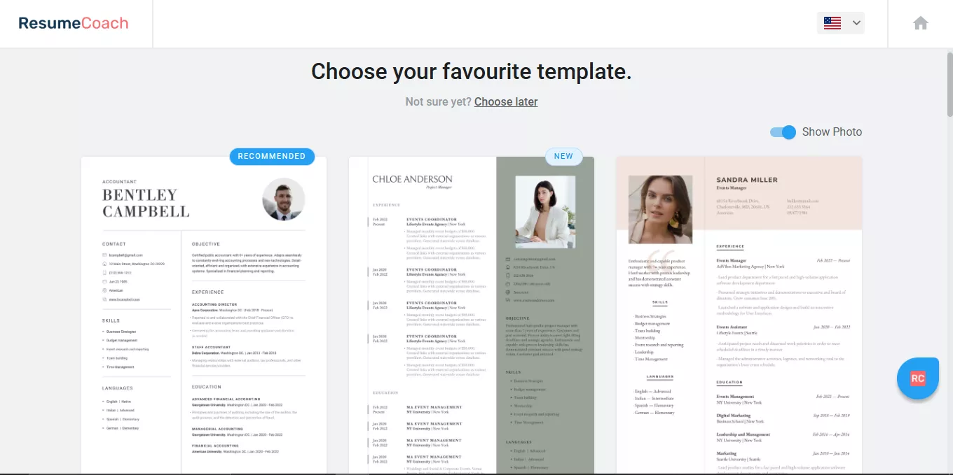 choose your template in resumecoach