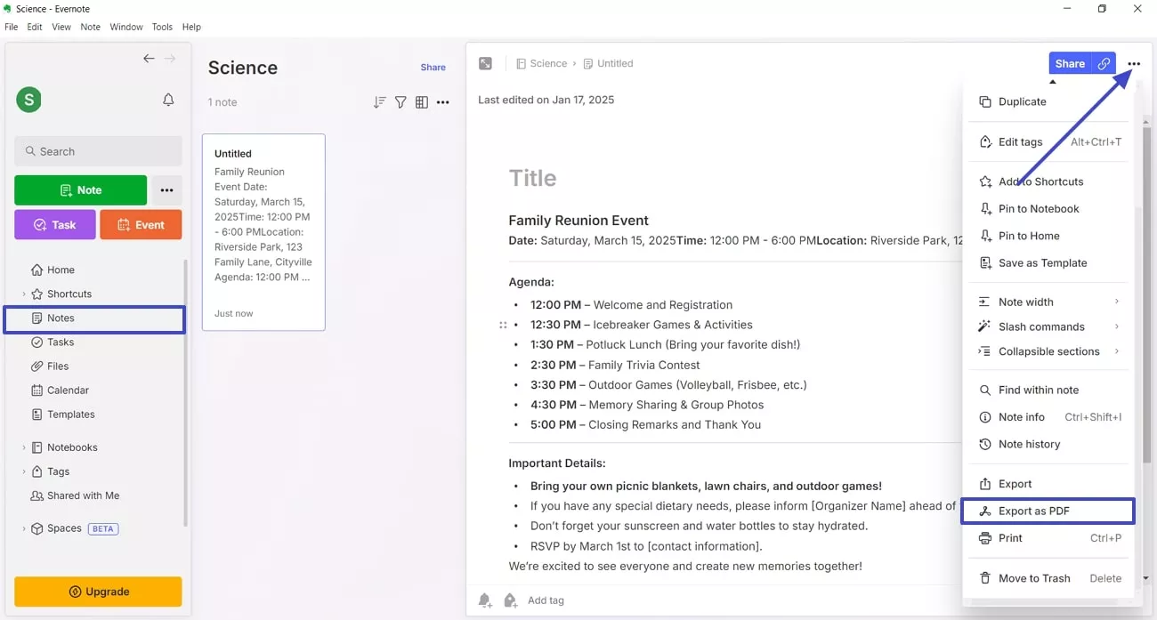 export single note evernote