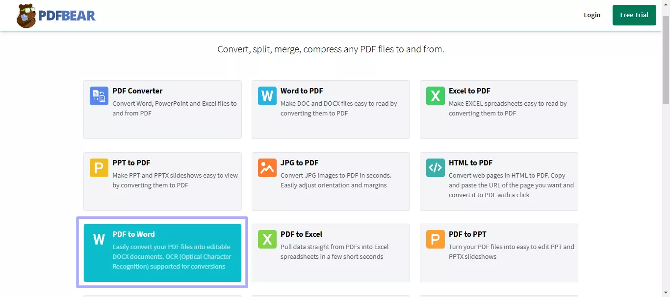 open pdf to word from the homepage.