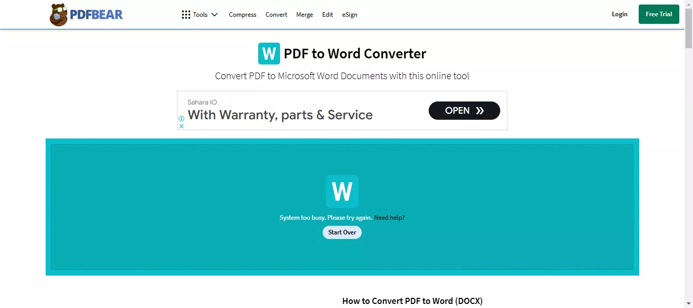 pdfbear showing an error