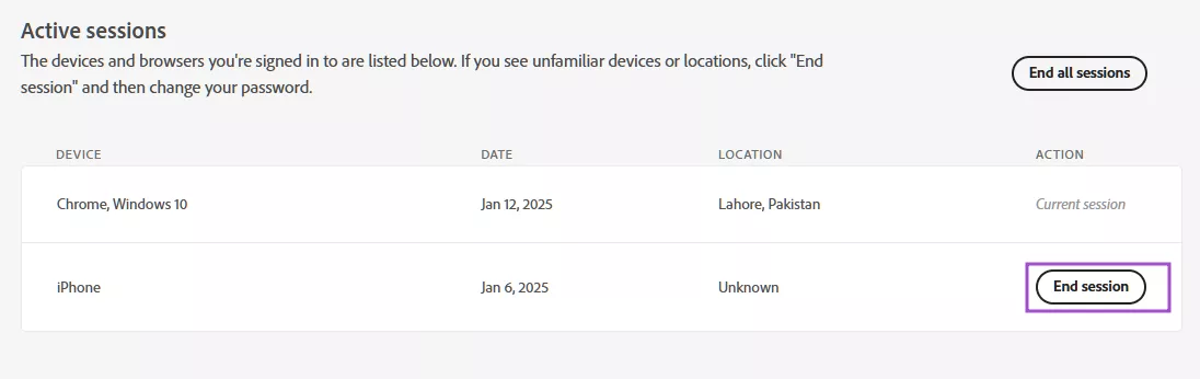 select end sessions for acrobat license