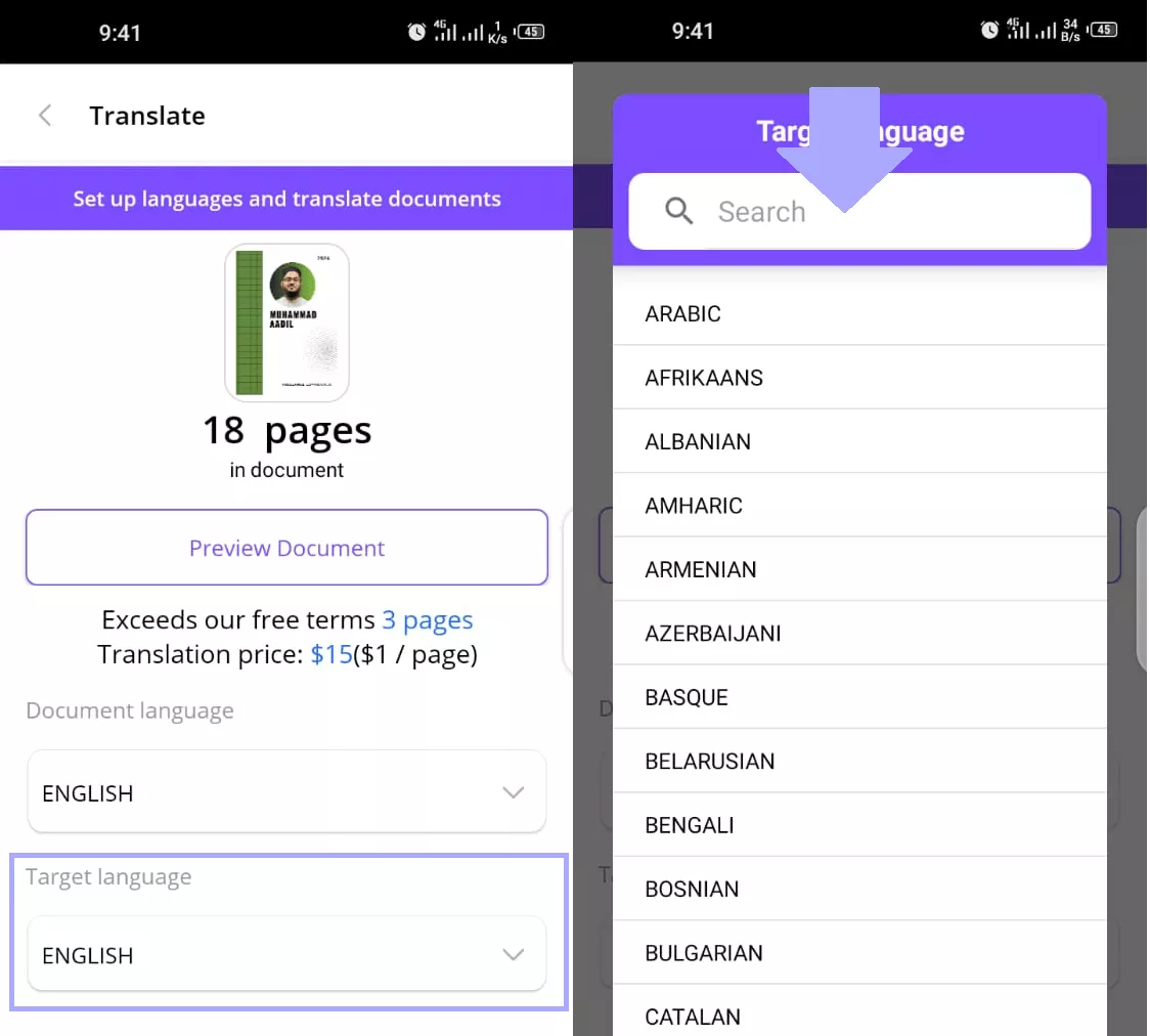 select the target language to translate deftpdf