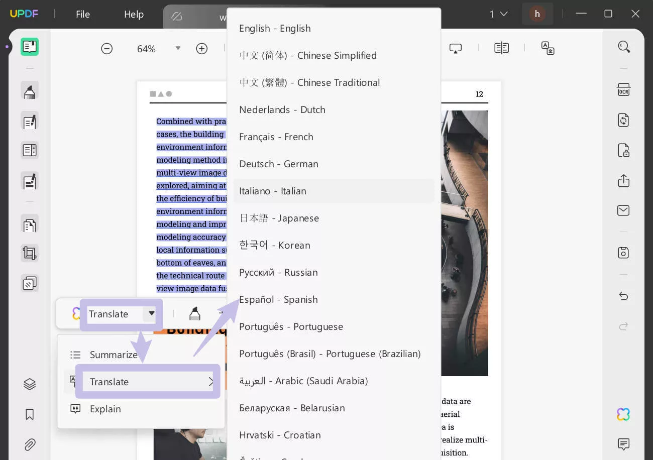 select to translate updf ai windows.