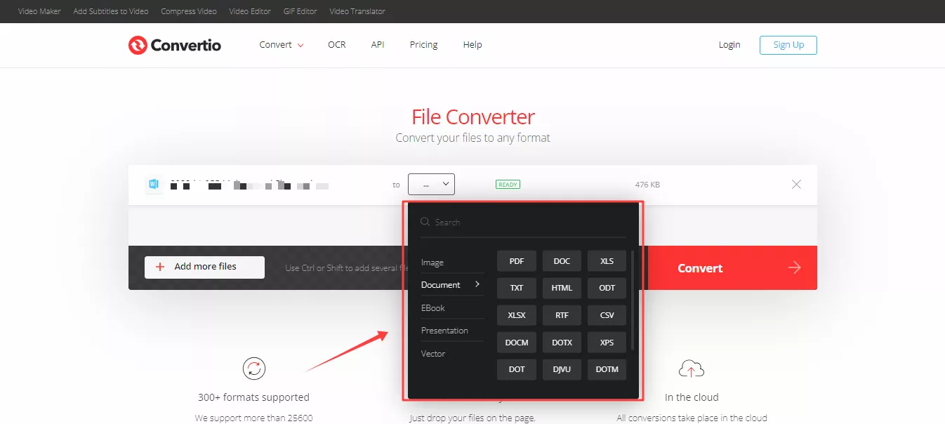 selecting the desired format from the menu convertio