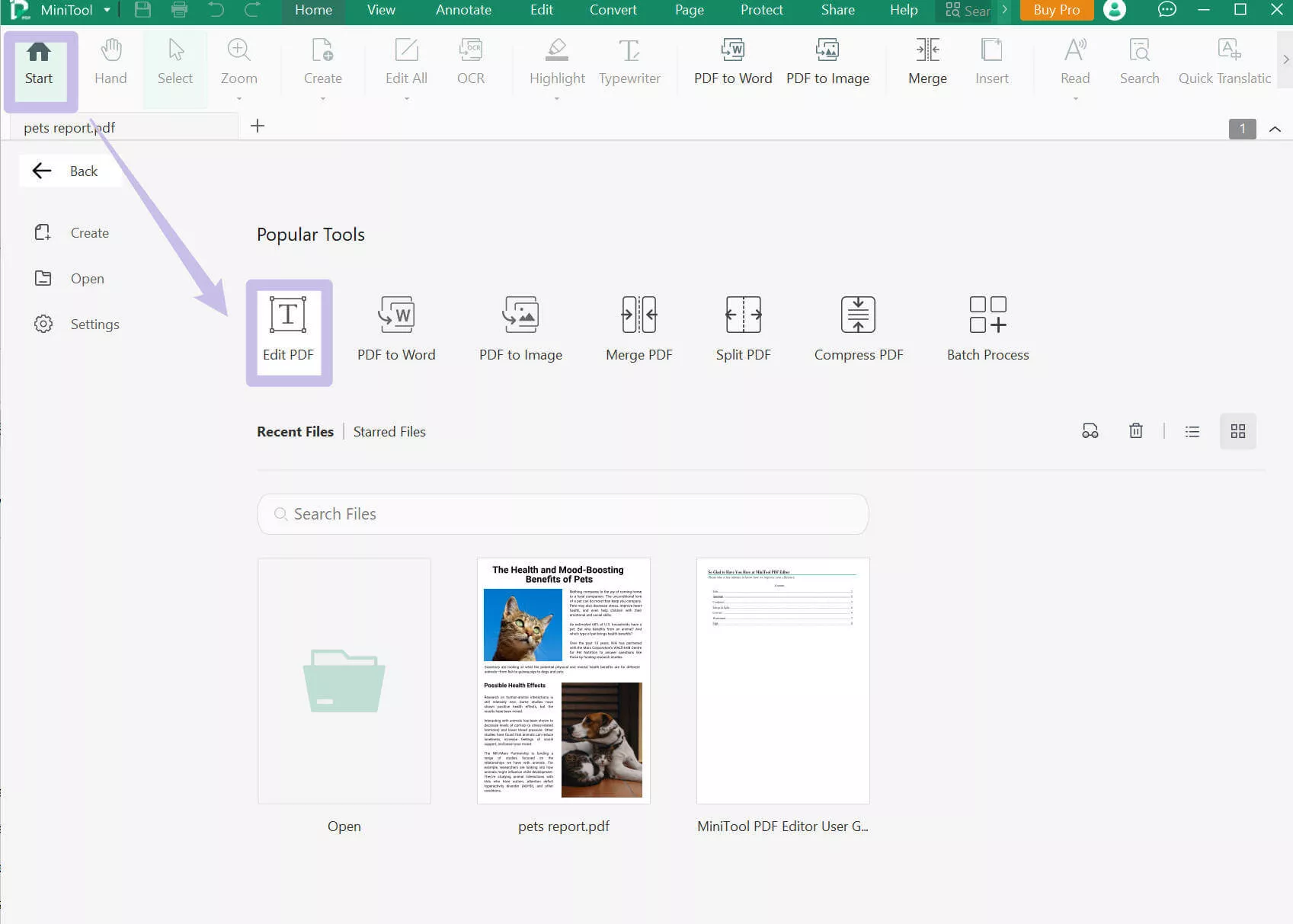 start editing on the minitool pdf editor