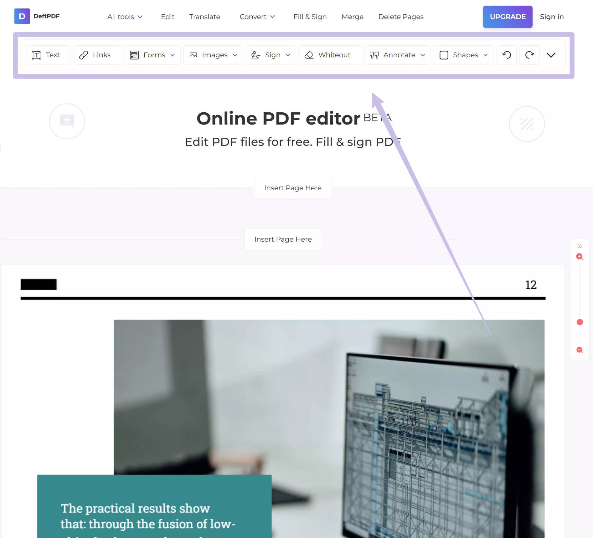 toolbar with editing options deftpdf