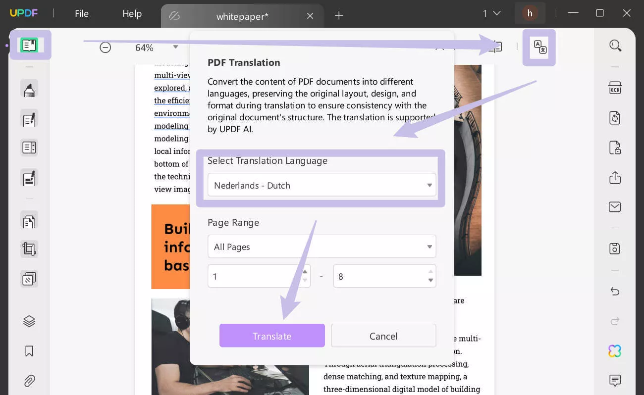 translate the whole pdf updf windows