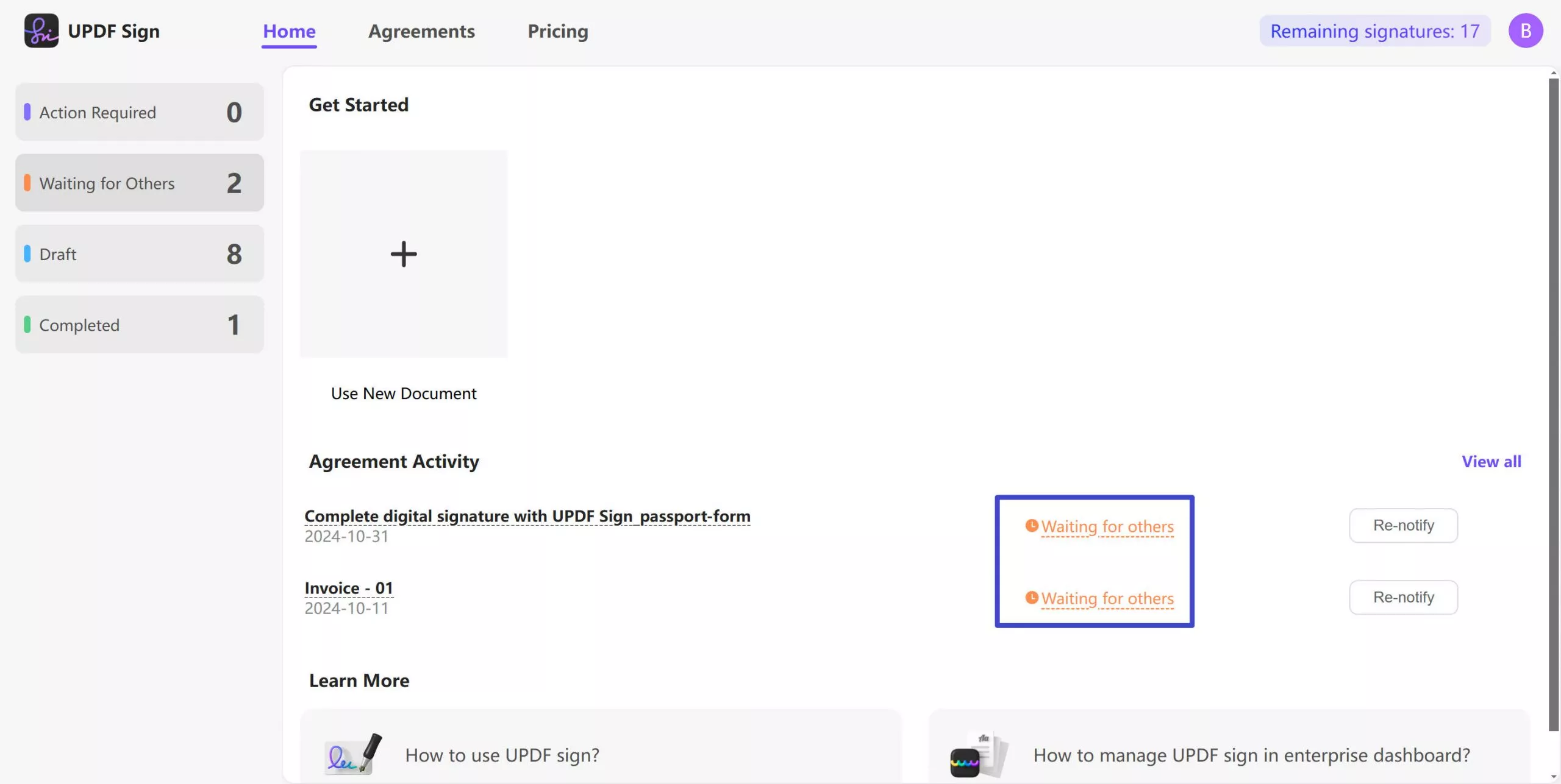 track the status of the signatures