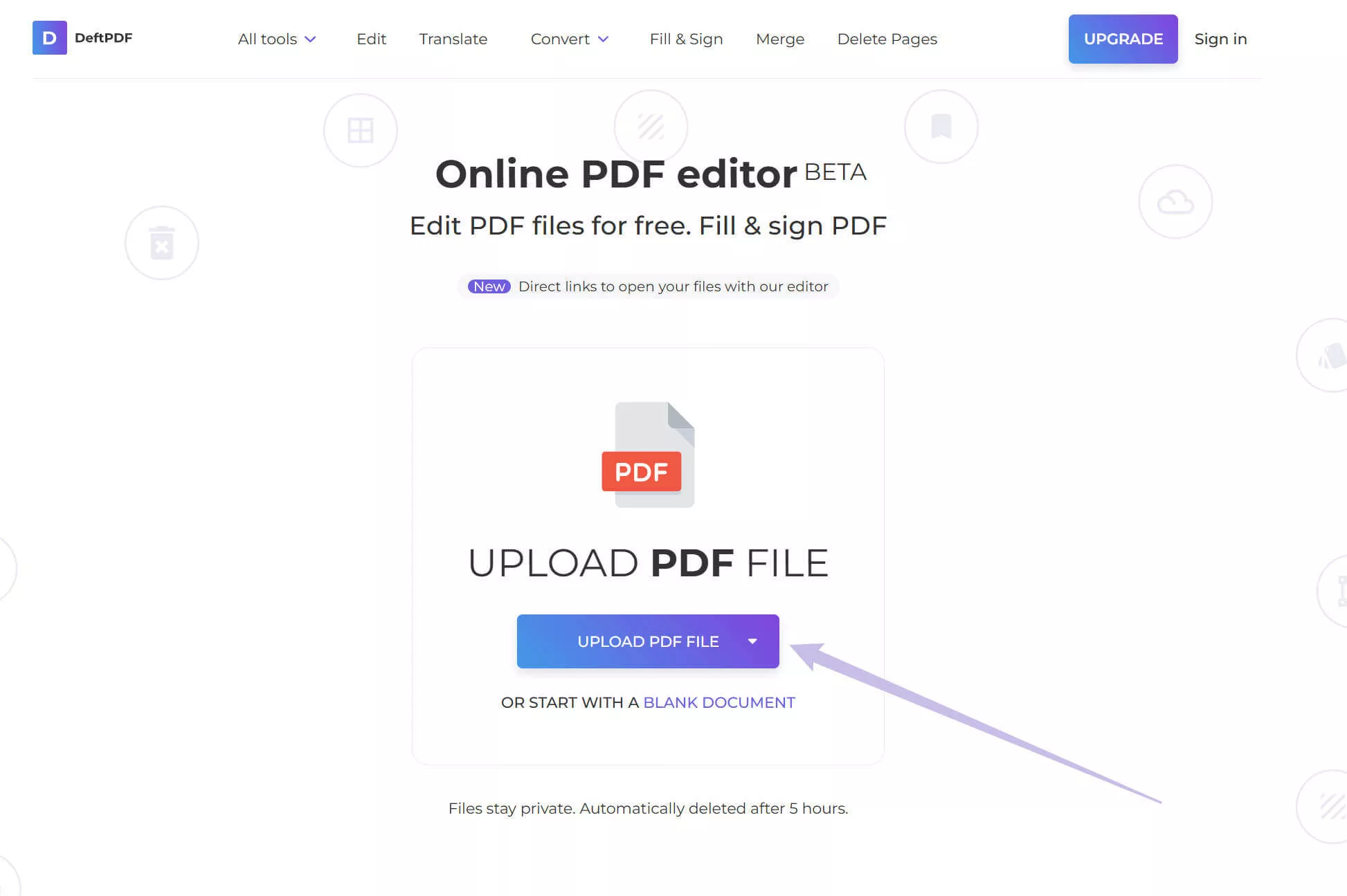 upload your pdf file in deftpdf