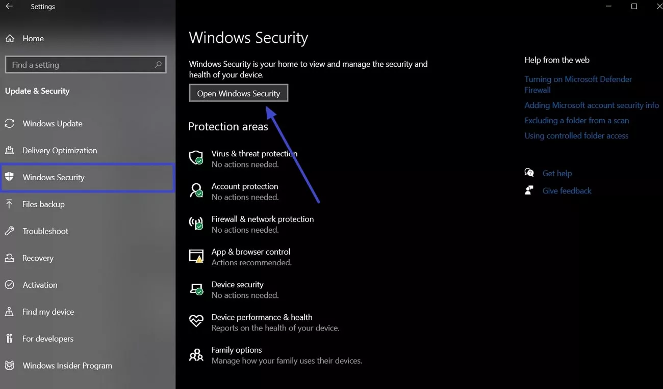 open windows security settings