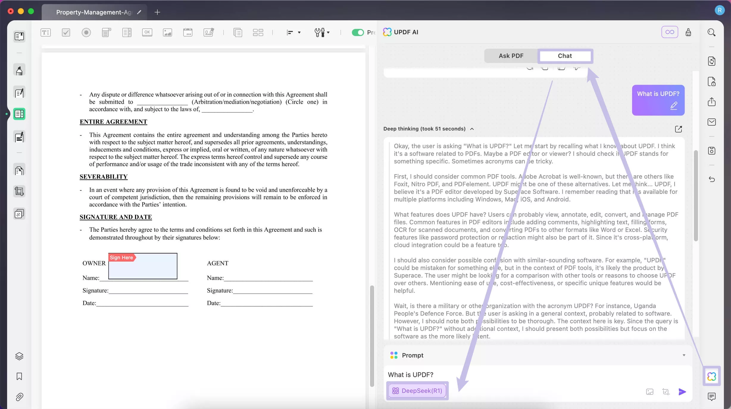 use UPDF AI's in-built DeepSeek R1 model