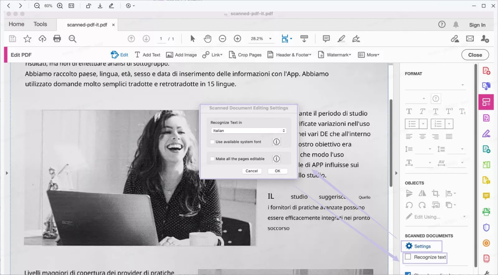 change the settings for ocr acrobat