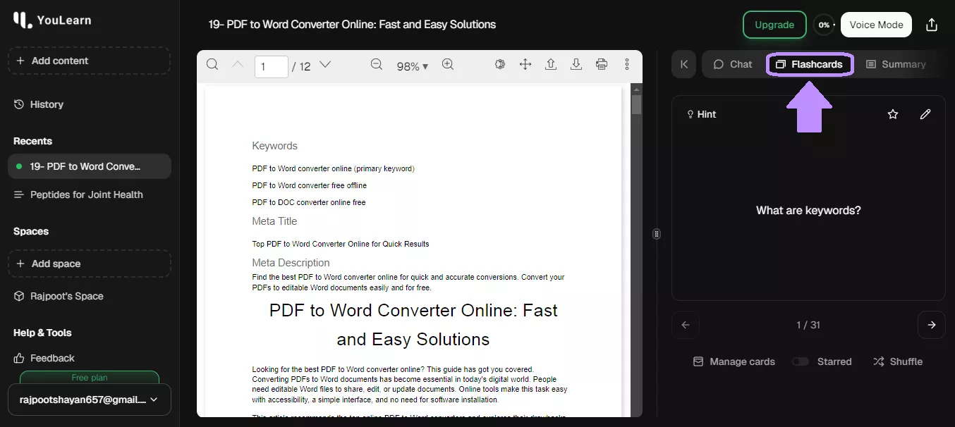 Click “Flashcards” to create them automatically youlearn ai