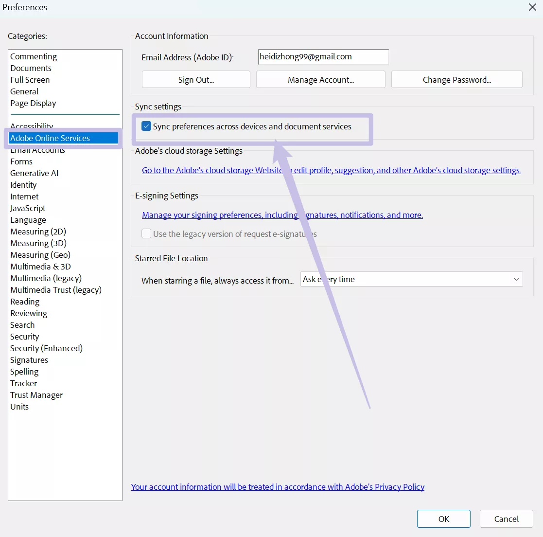disable sync preferences across devices and document services