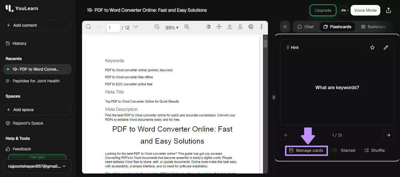 edit flashcards in Manage Cards youlearn ai