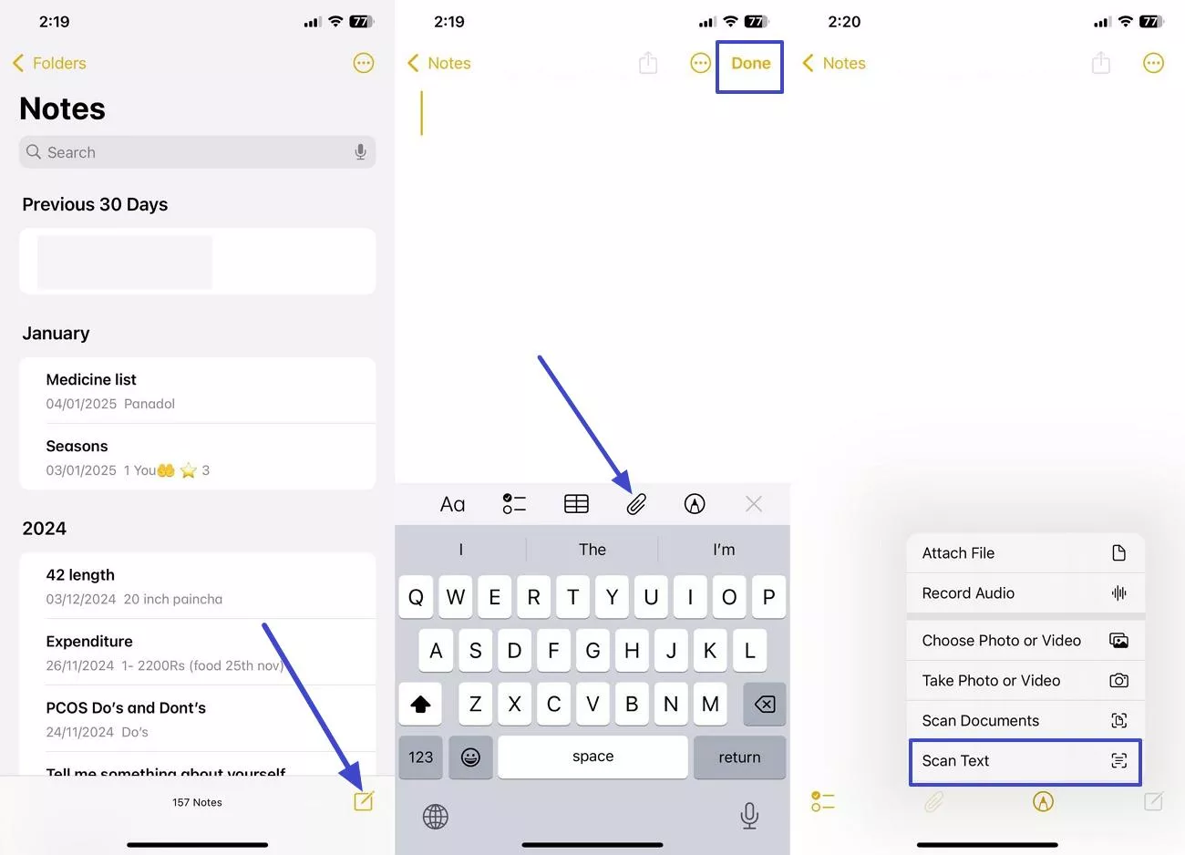 access attachment icon and scan text