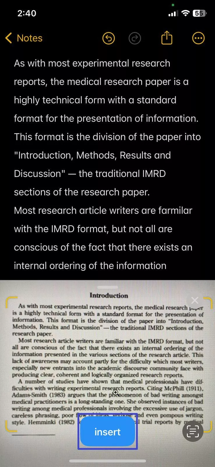 tap insert text into note