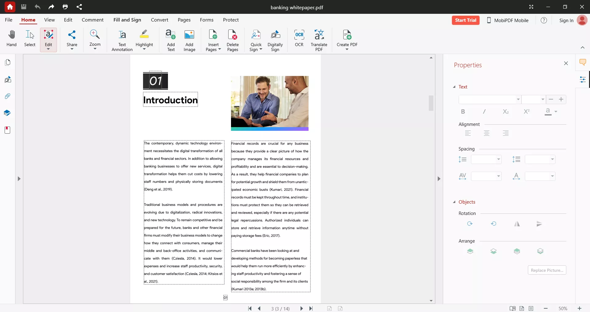 MobiPDF's editing feature