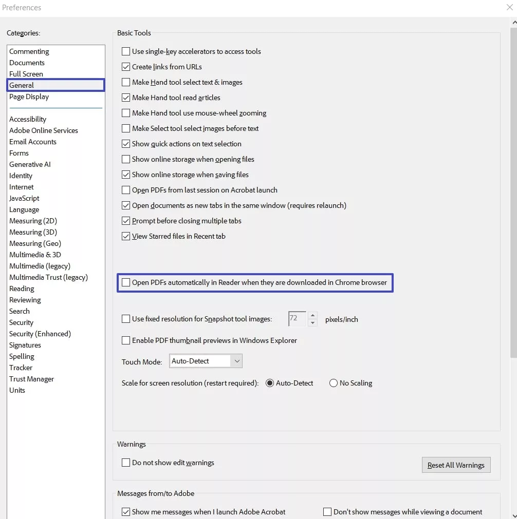 uncheck open pdfs automatically