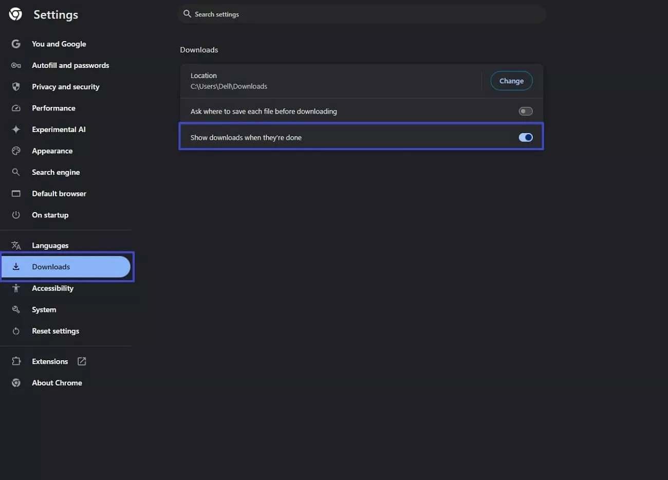 toggle show download when done