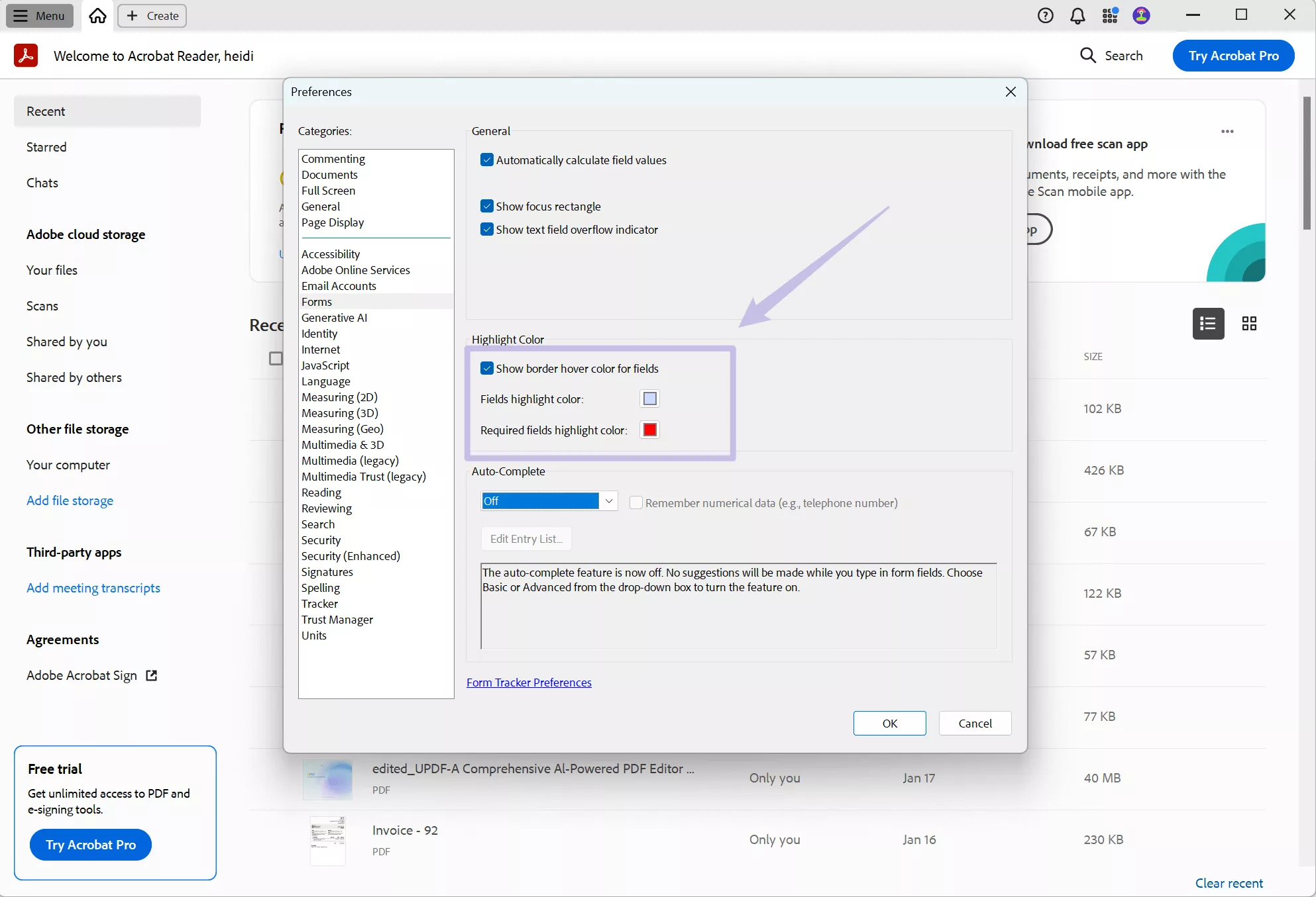 Show border hover color for fields adobe acrobat