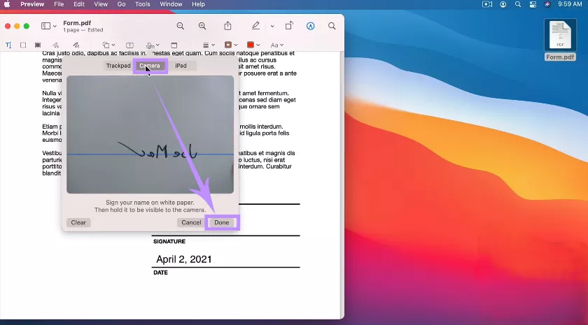 sign with camera preview