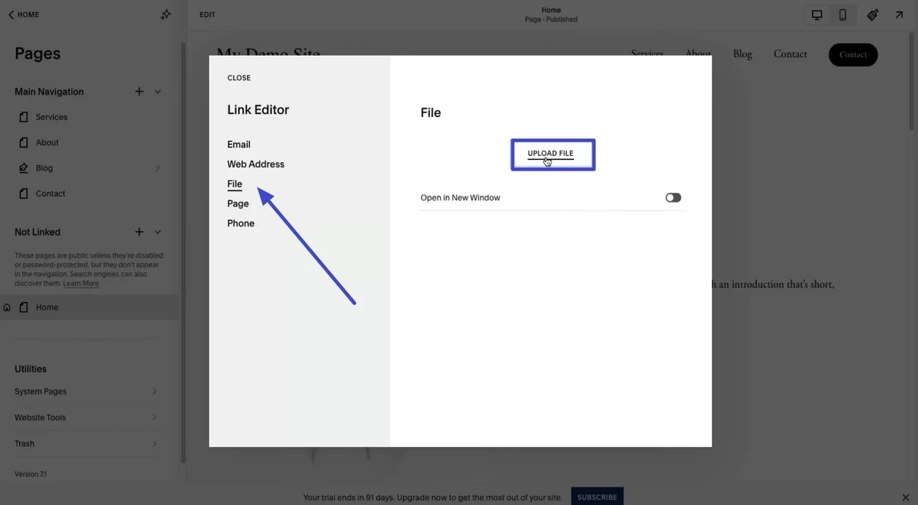 upload file squarespace interface