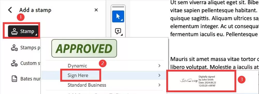 use the Stamp option to insert the saved signatures in the PDF