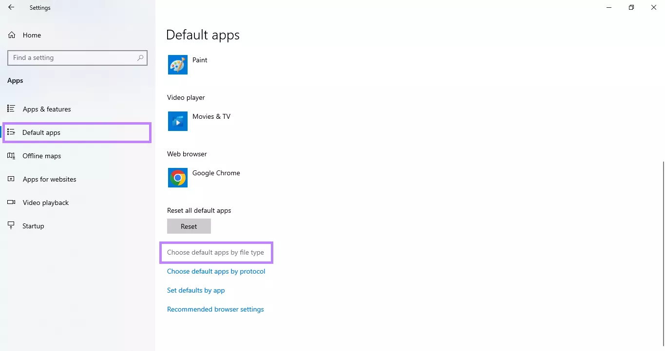 click choose default app by file type windows