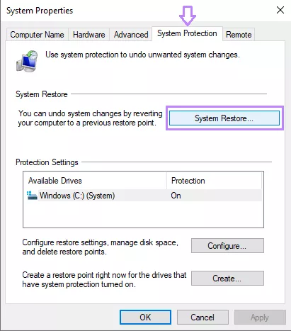 click system restore windows