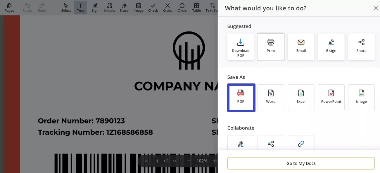 click pdf within save as
