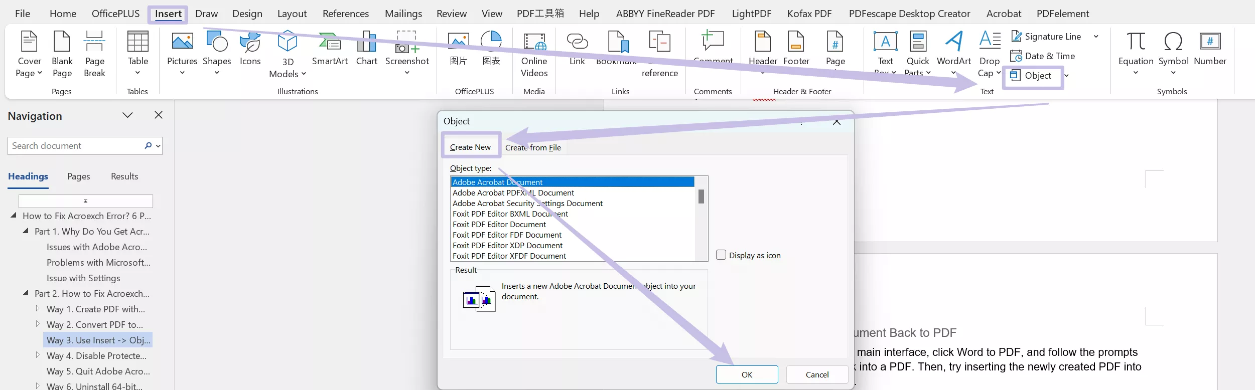 Insert object by using create new word