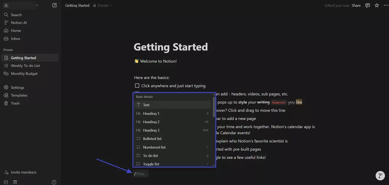 open different elements on notion