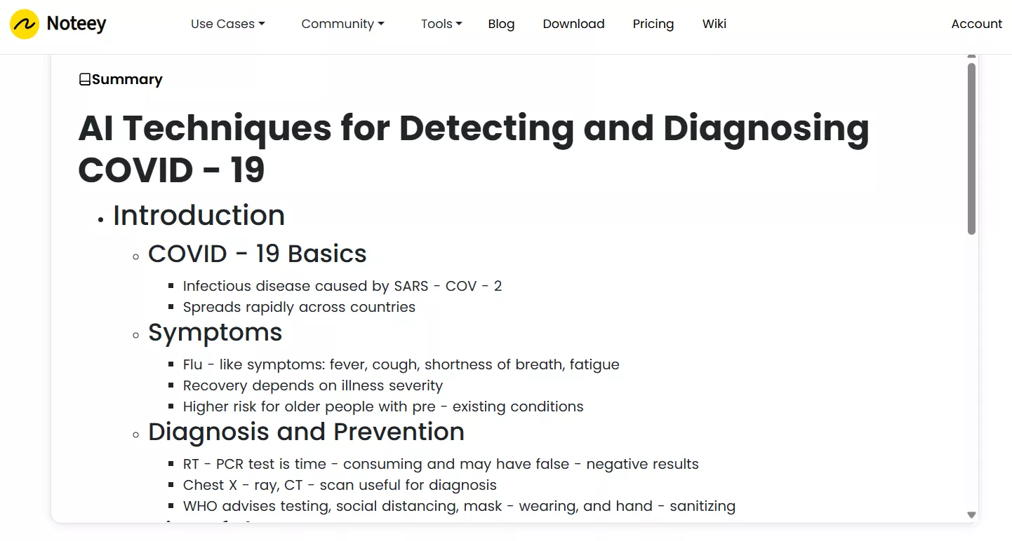 Noteey's PDF Summarize feature