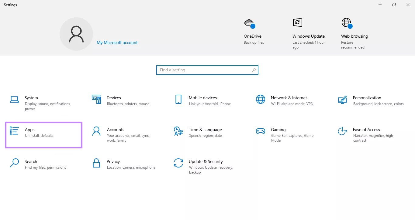 open apps in settings windows