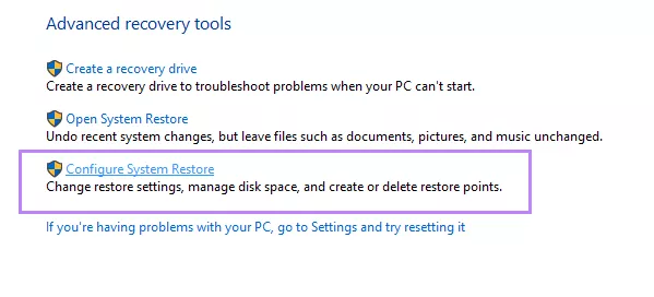 open configure system restore windows