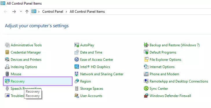 open recovery in the control panel windows