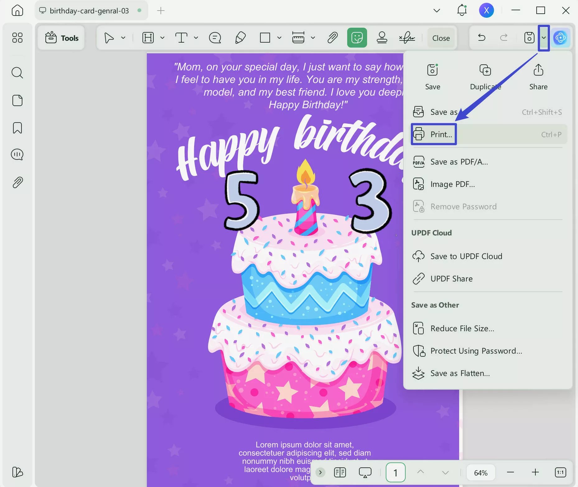 print birthday card with preferred settings