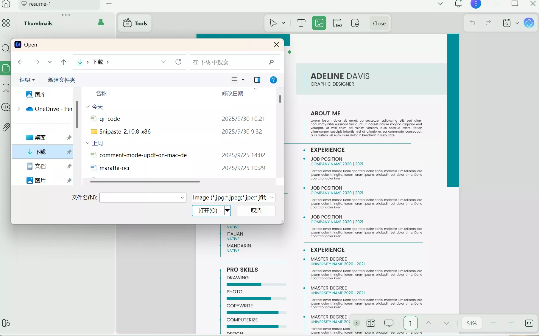import image to resume updf windows