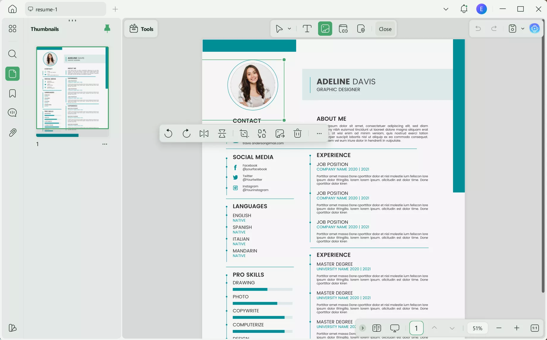 adjust image size on resume file updf windows