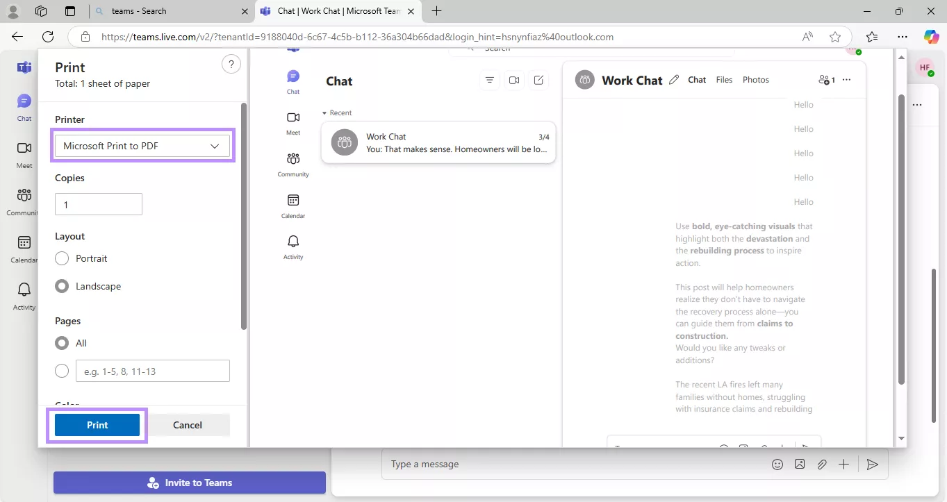 select the printer and click print for teams chat browser