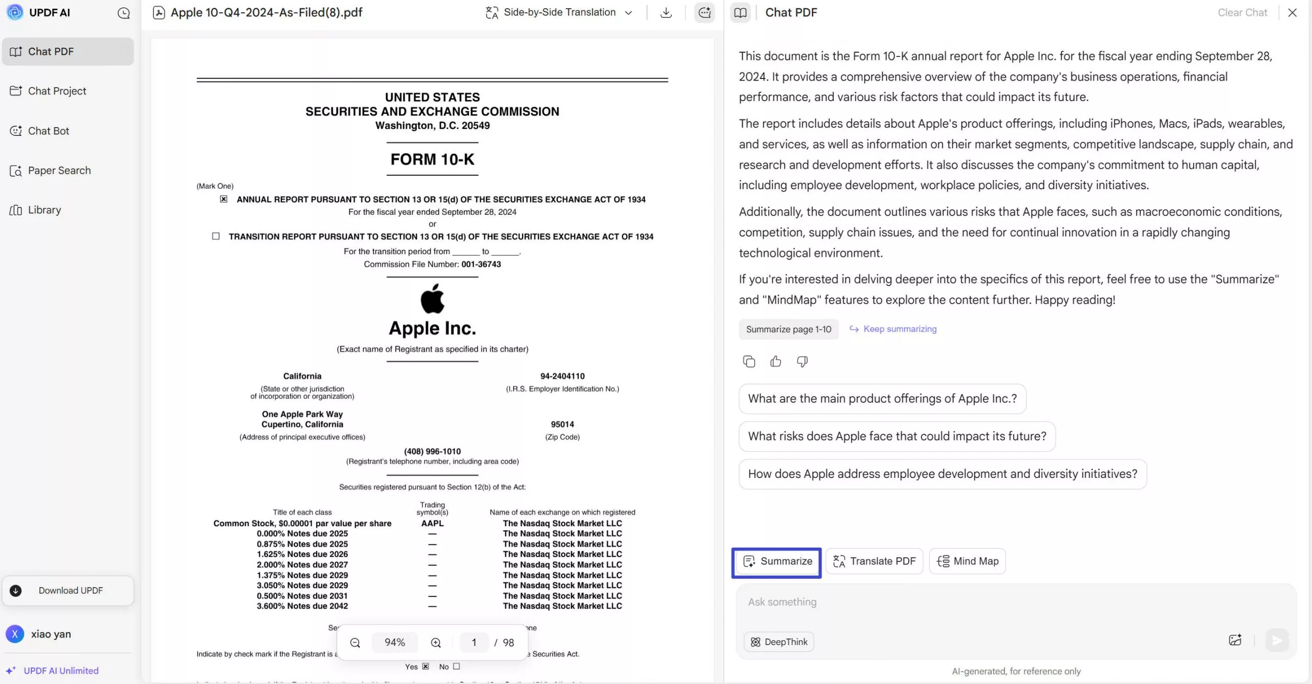 UPDF AI's summarize PDF feature