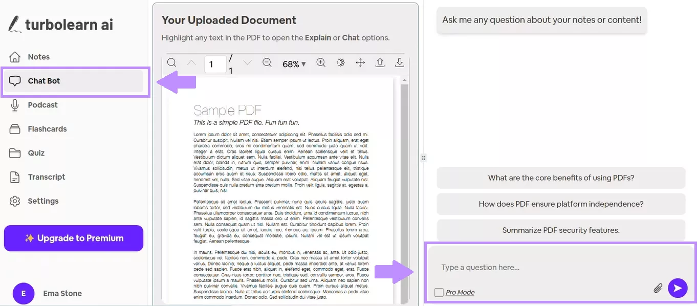 chat with the uploaded document turbolearn ai